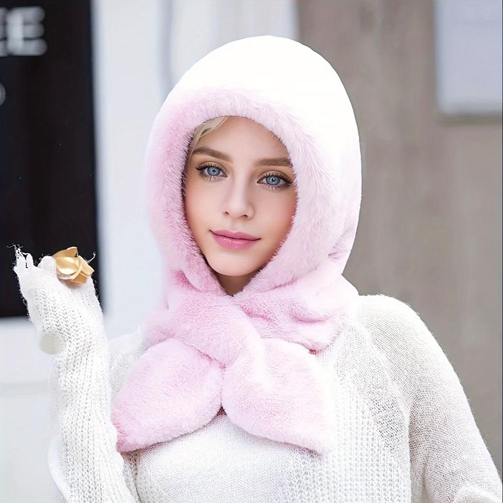 Women's Winter Faux Fur Hat Thick Warm Plush Ear-Protector Riding Cap Solid Color with Scarf Buckle