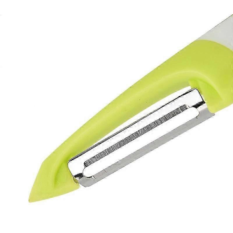 Fruit and vegetable peeler with serrated stainless steel blades, ergonomic handle, and potato sprout remover. Light Green.