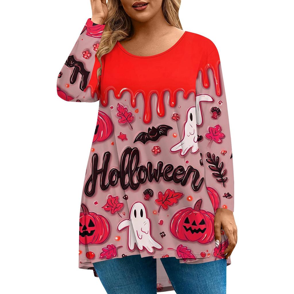 Женская мода Большой размер Круглый вырез Длинный рукав Повседневный Пуловер Топ с принтом на Хэллоуин Свободного кроя