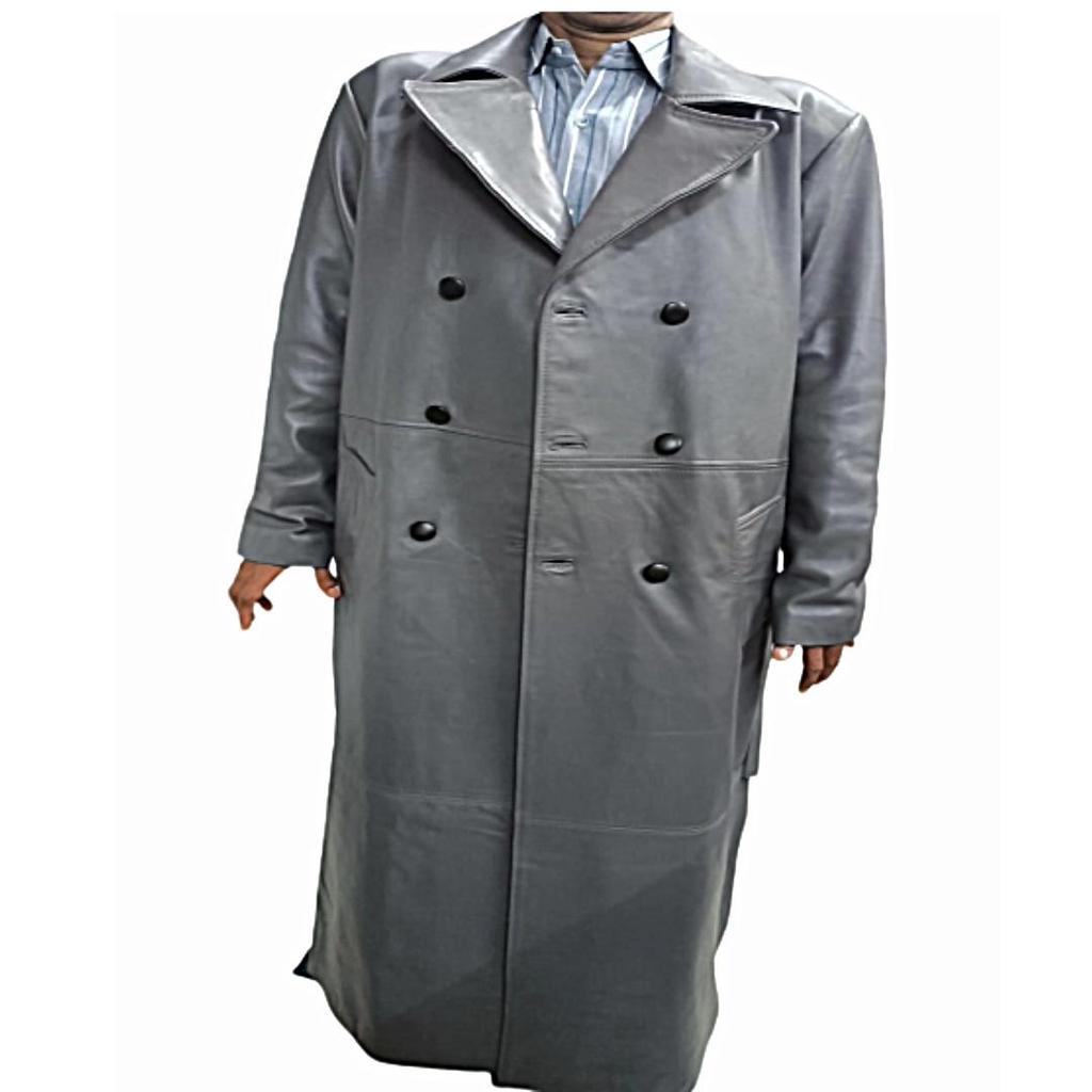 Мужская серая кожа из натуральной коровьей кожи, двубортный стиль, ремень воскового загара, длинная уличная одежда, плащ, длинный стильный плащ, подарок для мужчин