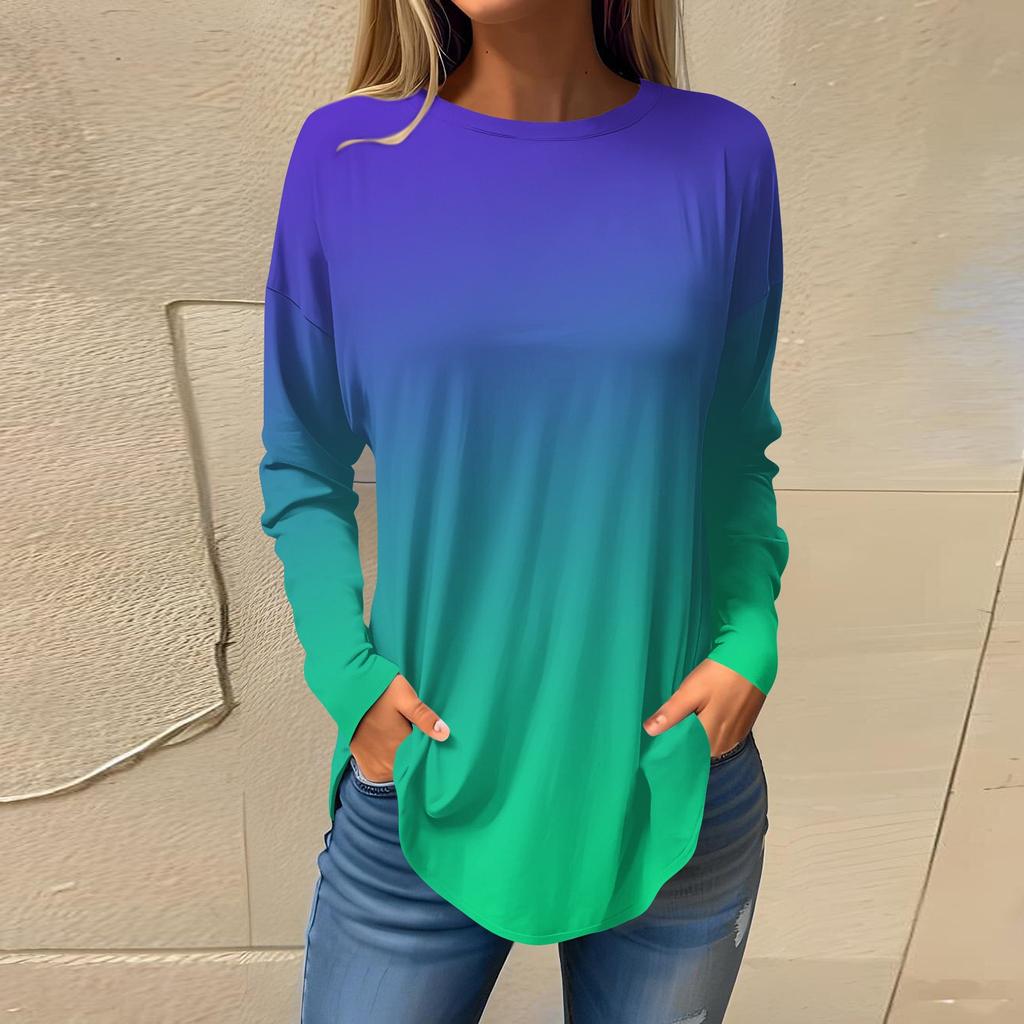 Women's Loose Round Neck Gradient Print Long Sleeve T-Shirt Top Pullover