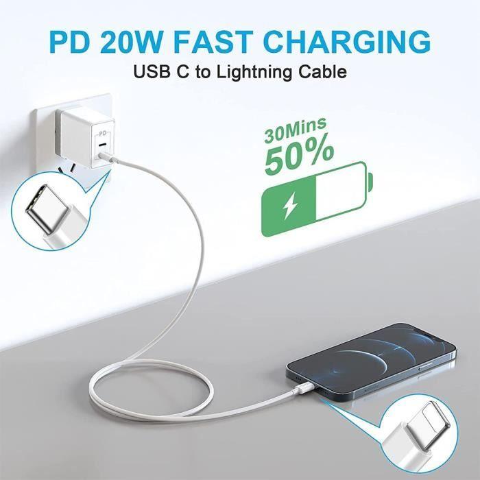 Chargeur USB C - E.F.CONNECTION - 20W - Câble 1M - Charge rapide - Compatible iPhone 12/13