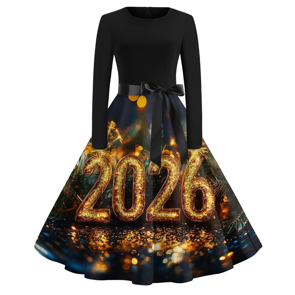 Женское повседневное модное платье с круглым вырезом и длинным рукавом с новогодним принтом в ретро-стиле