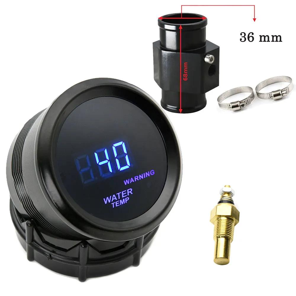 52mm Water Temperature Gauge Blue LED Light with 16mm-40mm Joint Pipe Adapter Black/Blue with Water Temp 1/8NPT Sensor