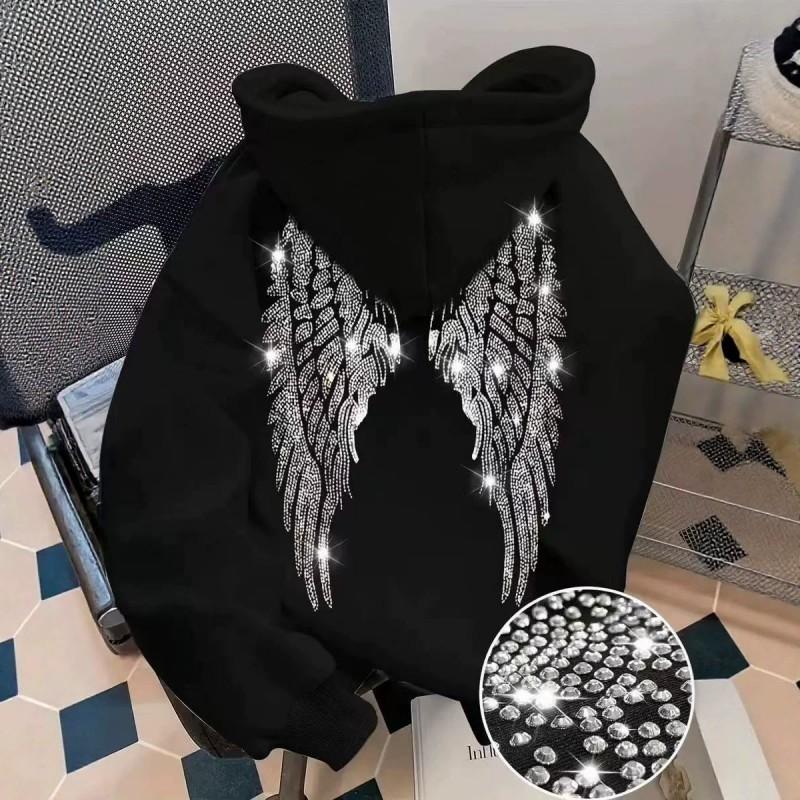 2026 Trendy Hoodie Loose Fit Rhinestone Wings Sweatshirt Casual Streetwear Teens Youth
