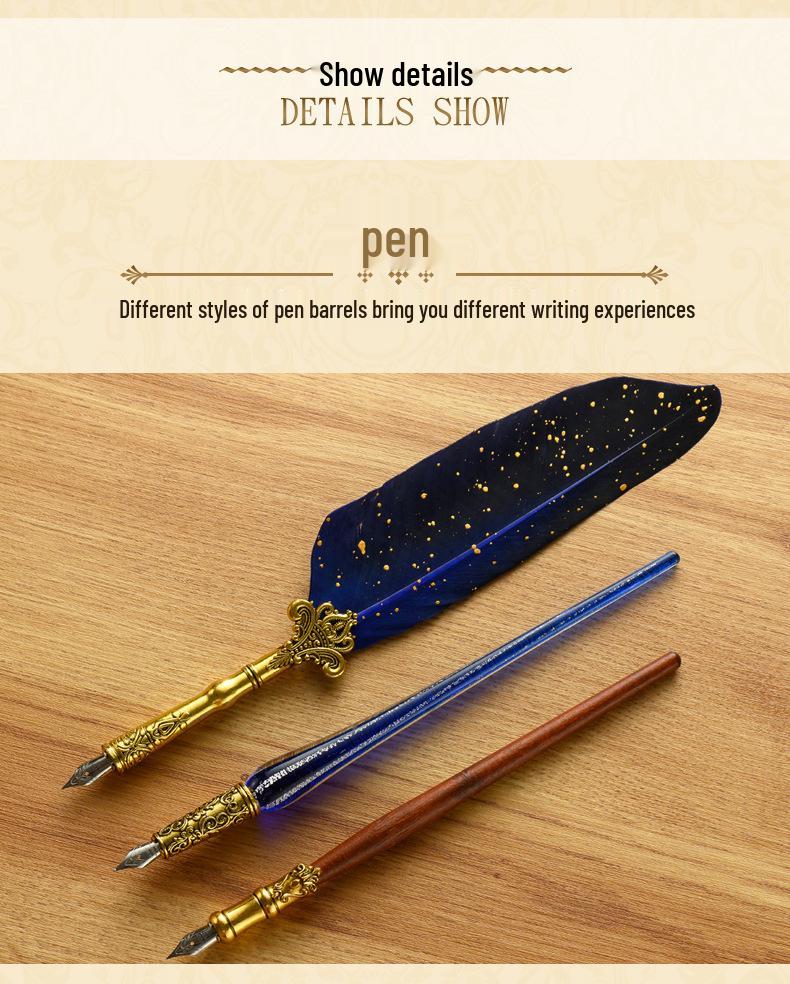 British Style Gold Splatter Feather Pen Set with Custom Logo - Ink Dipping Set, Birthday Gift