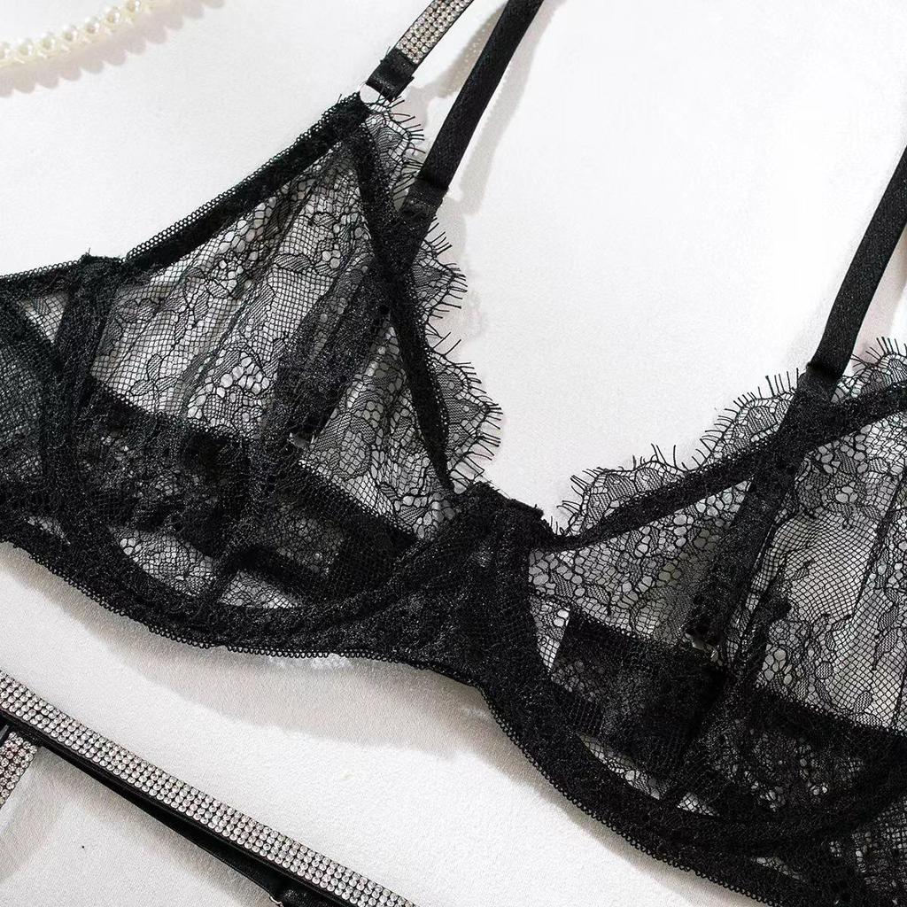 Хит продаж Европейский и Американский Сексуальный Кружевной Комплект Стринги с Бриллиантами и Подвязки - 4 предмета