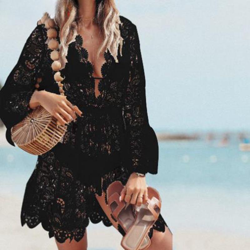 Женские сексуальные кружевные повседневные платья с длинными рукавами и V-образным вырезом
