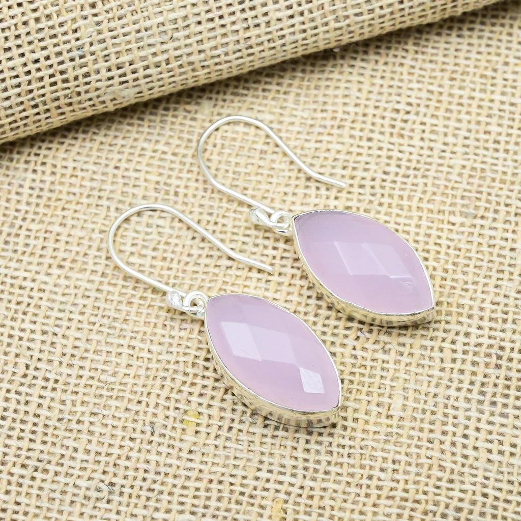 Pink Chalcedony Gemstone Handmade 925 Solid Sterling Silver Jewelry Dazzling Earrings Gift For Her