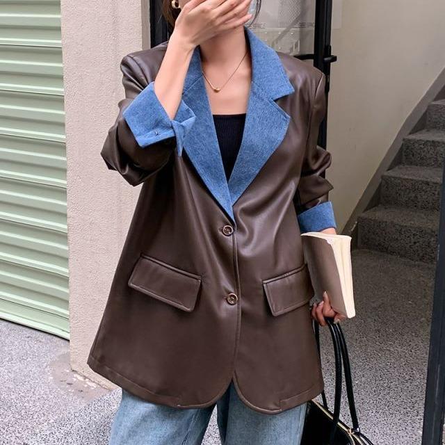 Женский пиджак Женский дизайн Нишевый Осенний Новый Джинсовый и кожаный стиль Маленький костюм