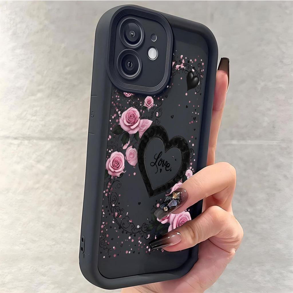 Черный Чехол-Телефон с Узором Сердце-Роза для iPhone 14-17 Pro Max
