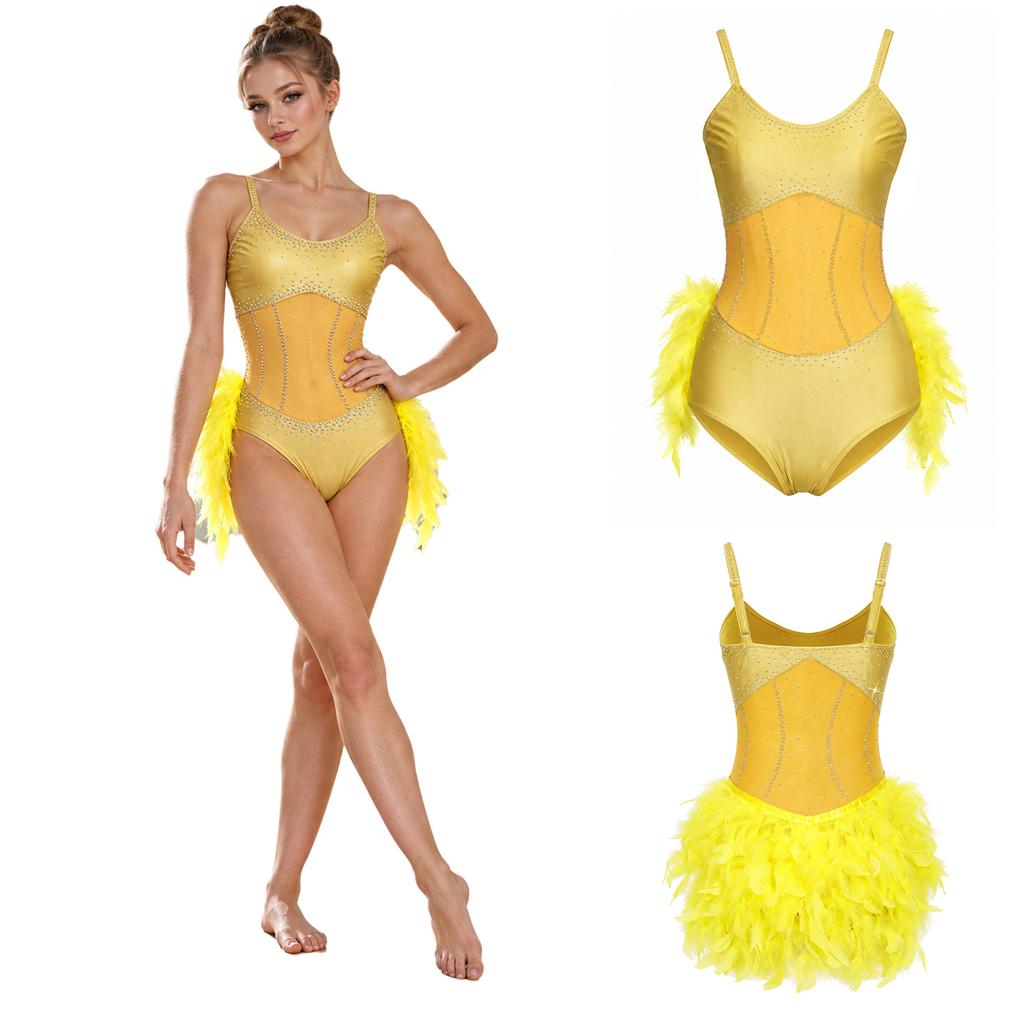 Women Tango Cha Cha Latin Rumba Dance Leotard Glitter Rhinestone Sheer Mesh Sling Bodysuit with Fuzzy Feather Skirt for Competition