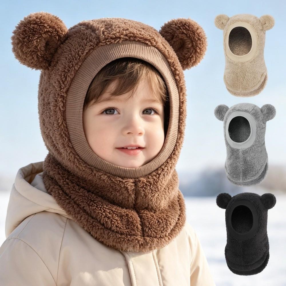Plush Fleece Kids Hooded Beanie Windproof Scarf Hat Cute Bear Ears Balaclava Hat Winter