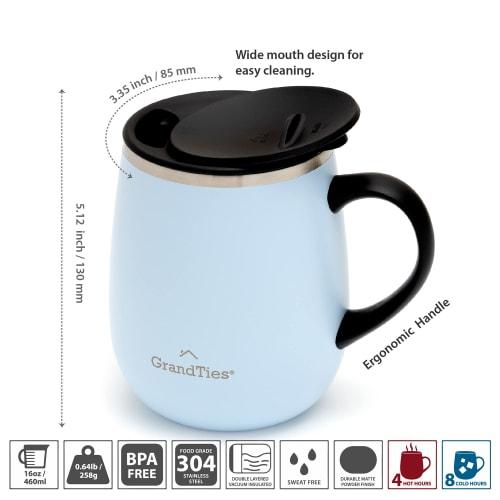 GRANDTIES Premium Vacuum Insulated Mug, 460ml, Available in 19 Colors, with Easy-Open Sliding Lid, Stainless Steel Double-Wall Vacuum Insulation, and