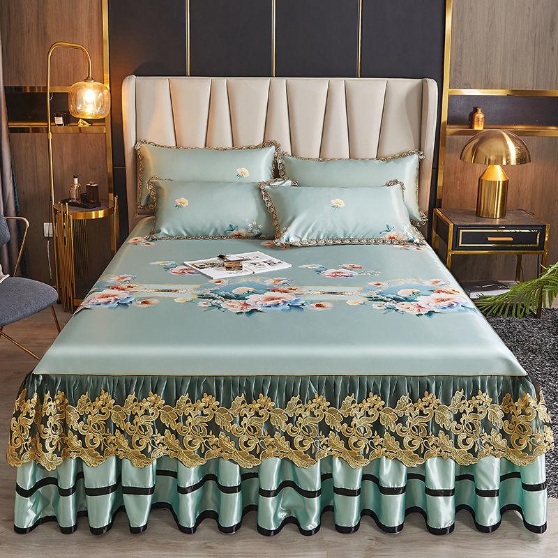 Модный домашний текстиль простыня на резинке летняя юбка для кровати цельное кружевное покрывало в стиле принцессы из ледяного шелка (комплект из трех частей) покрывало для кровати, пригодное для машинной стирки