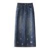 2024 New Women's High Waist Embroidered Denim Bodycon Midi Skirt with Front Slit for Spring & Autumn