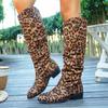 Women'S Leopard Print Mid-Calf Boots - Slip-On Chunky Heel Round Toe Cover Knee-High Boots for Spring Animal Print Design, Comfortable Fabric Lining