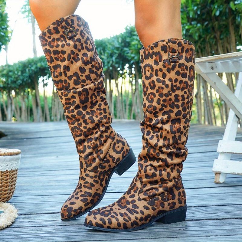 Women'S Leopard Print Mid-Calf Boots - Slip-On Chunky Heel Round Toe Cover Knee-High Boots for Spring Animal Print Design, Comfortable Fabric Lining
