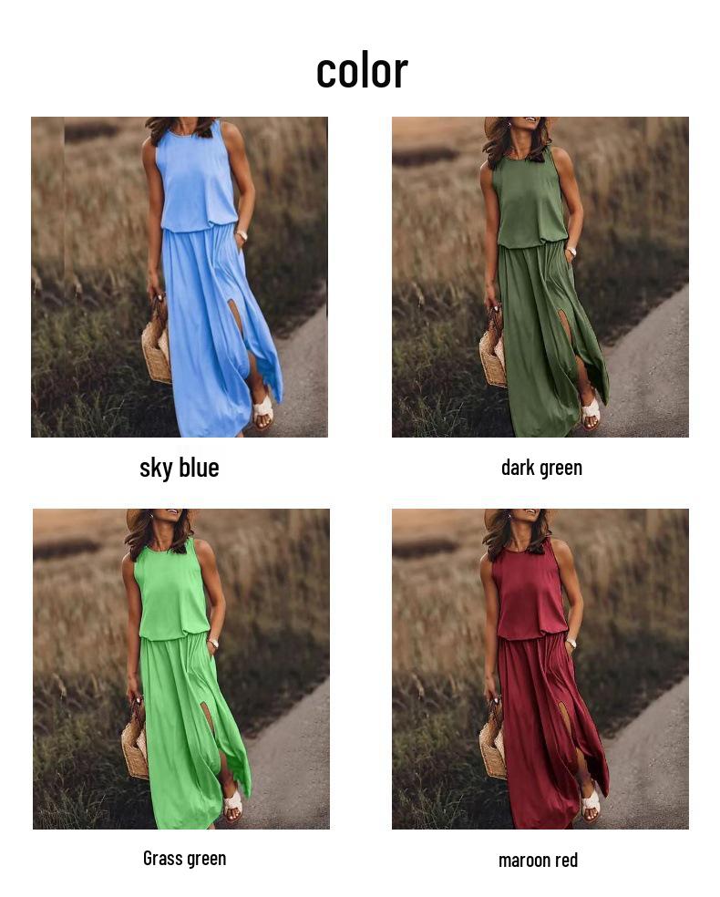 Летнее платье-фонарик без рукавов с разрезом - Европейский и американский стиль