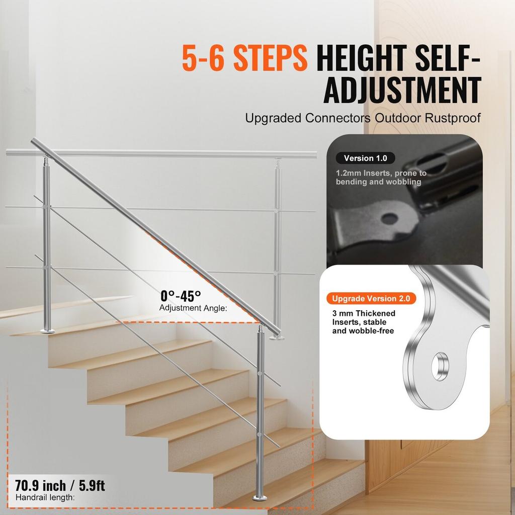 70.9in Handrails for Outdoor Steps 2 Crossbars Staircase for Porch Deck
