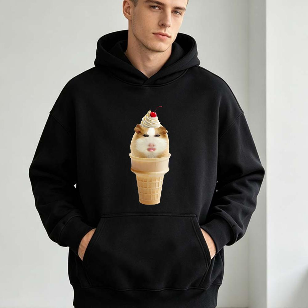 Men Women Funny Hamster Ice Cream Hoodie Cute Animal Food Graphic Oversized Pullover Kawaii Streetwear Y2K Fashion Top Clothes