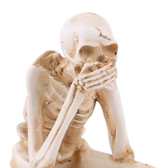 Halloween Skeleton Statue Resin See Speak Hear No Evil Skeleton Figurine with Dangling Legs for Indoor Mantel Table Shelf Decor