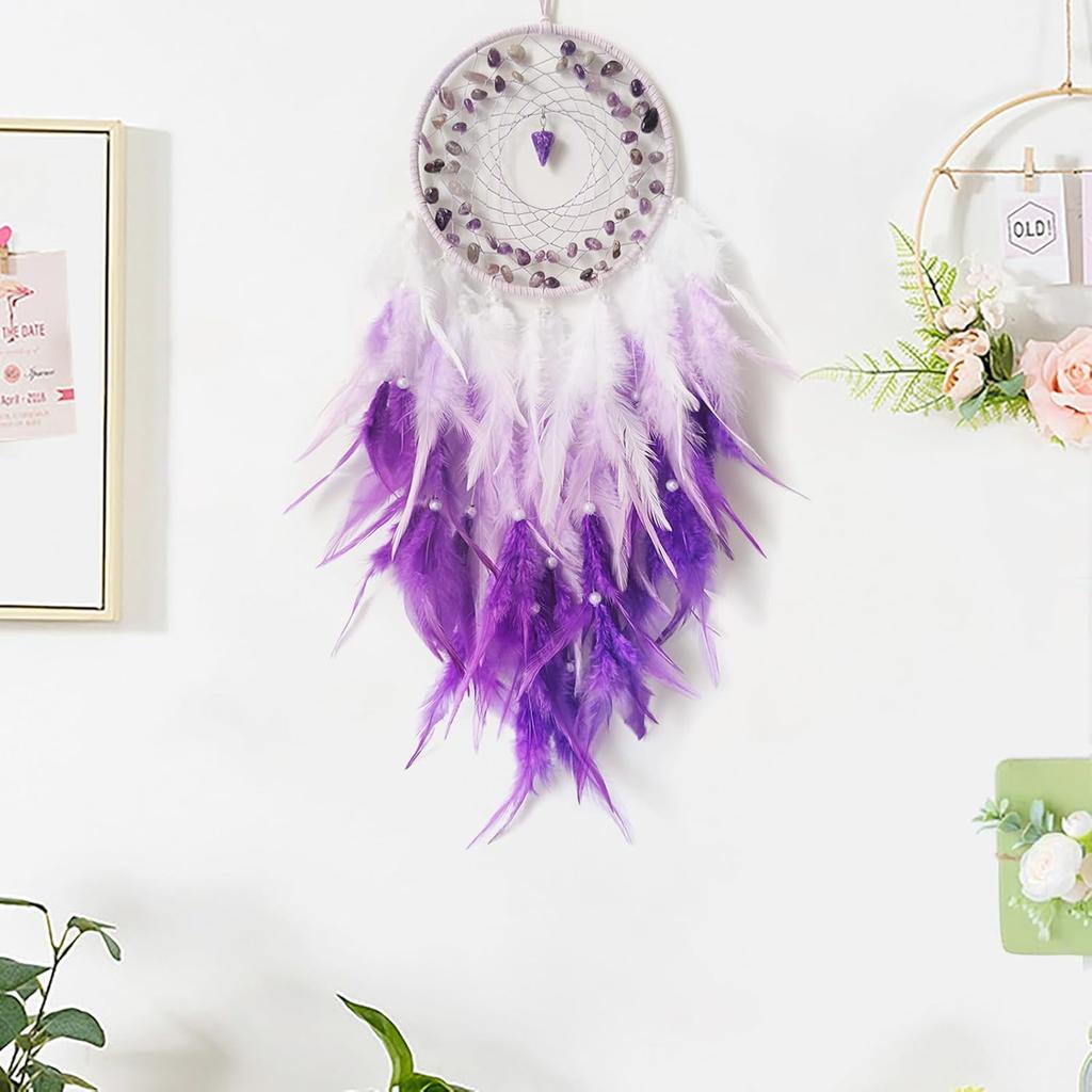 Purple Dream Catcher Wall Decor Feather Dream Catchers with Crystal Pendant Handmade Dreamcatcher Wall Hanging Ornament for Bedroom Living Room Home