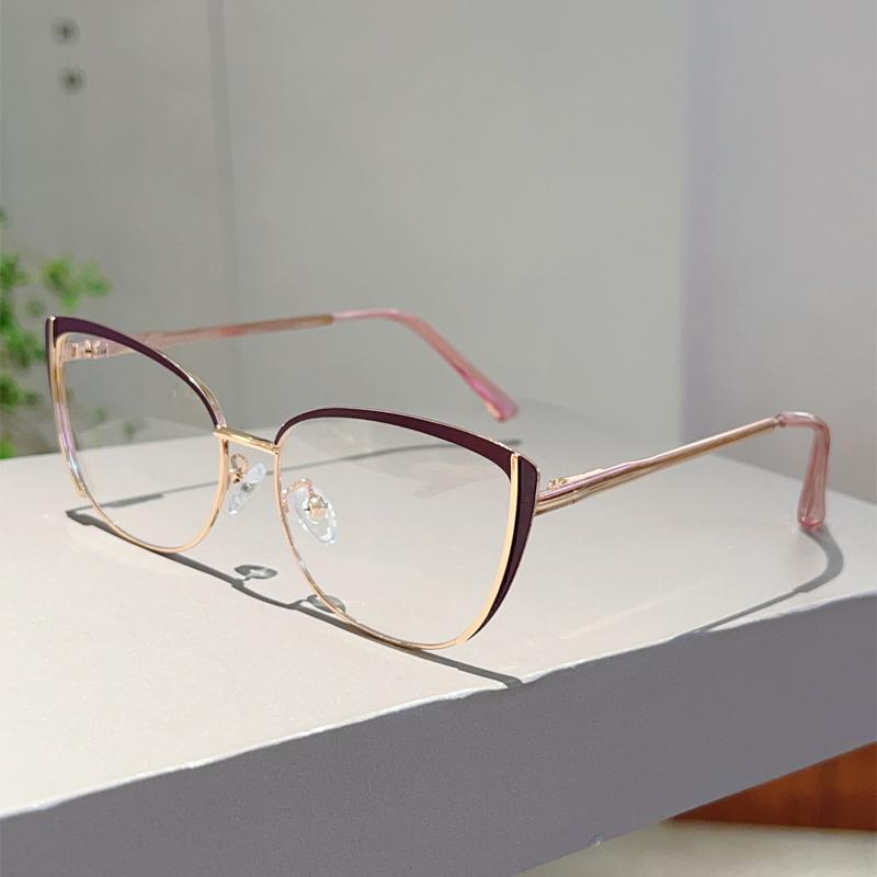 Trendy Retro Cat Eye Frame Women New Korean Style Sweet Decor Glasses Non-prescription Semi-Rimless Po Pink Eyewear