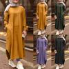 Womens Muslim Dress Islamic Clothing Long Sleeve Round Collar Solid Color Maxi Dresses Plus Size S-5XL