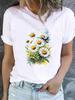 (Asian Size) O-neck Tee Clothing Sweet Flower Lovely Cute Top Short Sleeve T Shirt Casual Fashion Print Lady Female Women Graphic T-shirts