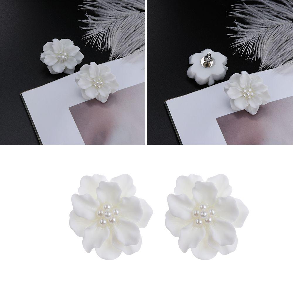 Elegant Women Girl Inlay Beads Simulated Pearl Stud Earrings Camellia Big White Flower
