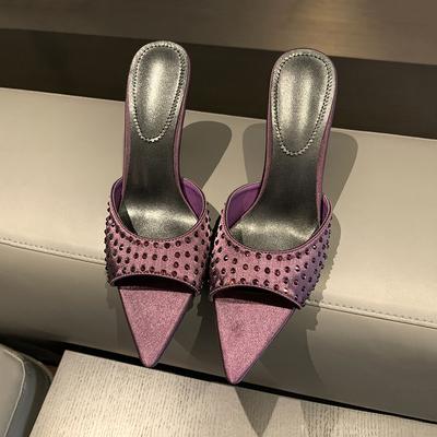 Остроносые сандалии со стразами женские сексуальные с открытым носком крутые шлепанцы горячие бриллиантовые туфли на высоком каблуке ретро атласные туфли