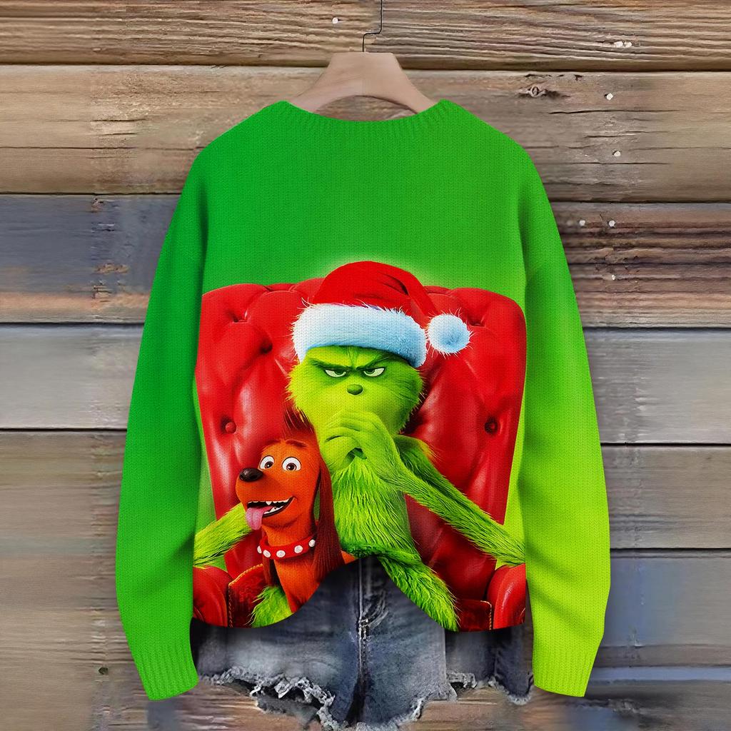 Пуловеры с длинным рукавом для женщин, с круглым вырезом, повседневные, милые, с принтом, вязаные, оверсайз