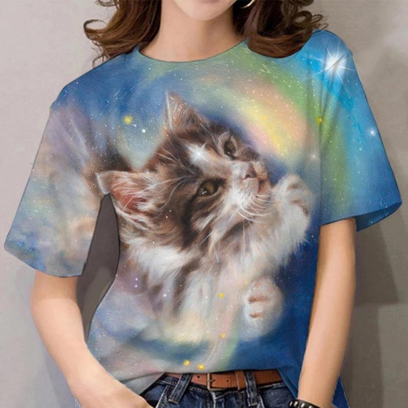 Летний топ с круглым вырезом и принтом 3D Cat, модные повседневные женские футболки с короткими рукавами