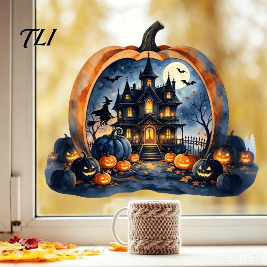 Outdoor Balcony Window Stickers Halloween Pumpkin Haunted House Static Stickers, Waterproof PVC Castle Clings Decals, Removable for Home Glass