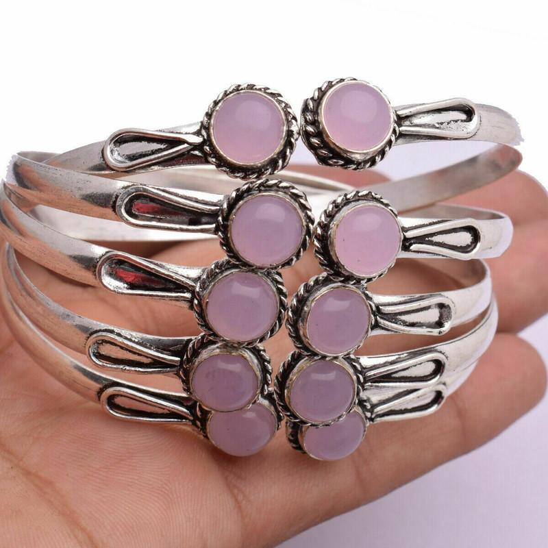 Rose Quartz Gemstone 925 Sterling Silver Plated 10 PCs Cuff Bangle VI-62