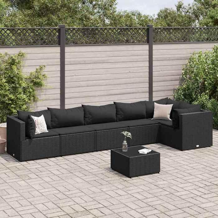 VidaXL Salon de jardin 7 pcs avec coussins Noir Résine tressée, ensemble de canapés d'extérieur, canapé d'angle de jardin, 3308115
