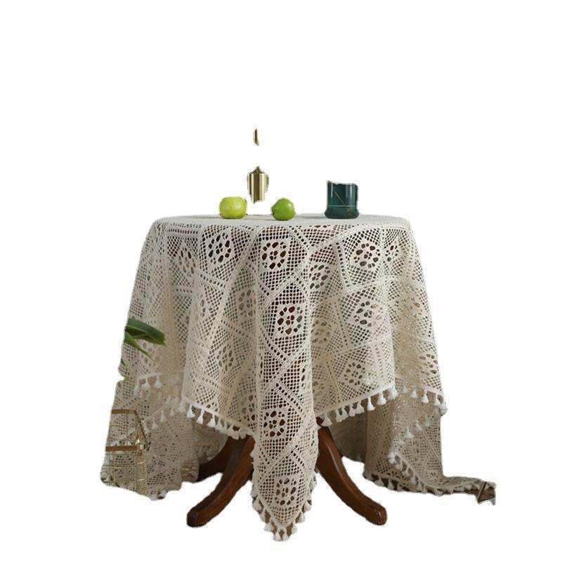 Round Hollow Tassel Knitting Tablecloth Decorative Crochet Tablecloth Outdoor Picnic Dining Table Cover Home Decor Beige