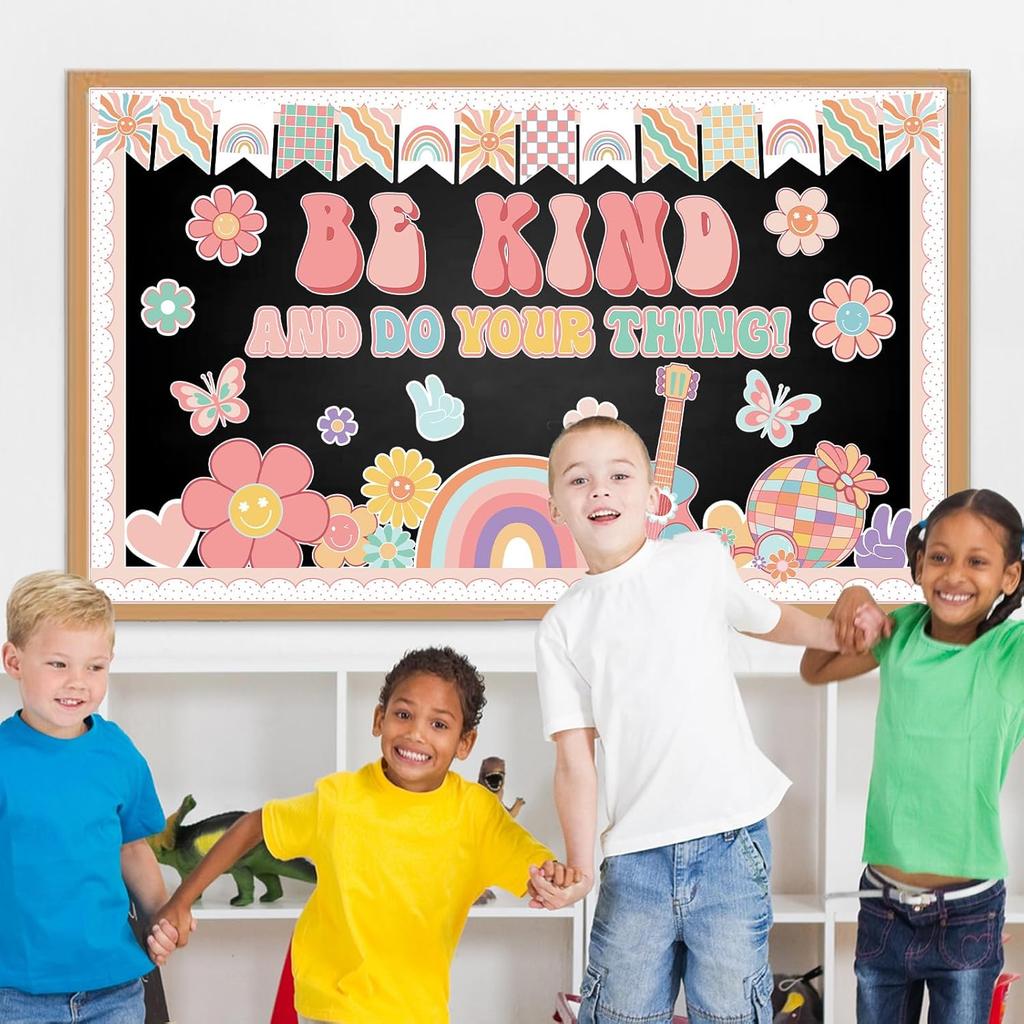 Boho Groovy Classroom Bulletin Board Be Kind and Do Your Thing Decoration Set Back to School Retro Rainbow Cutouts for Kindergarten School Office