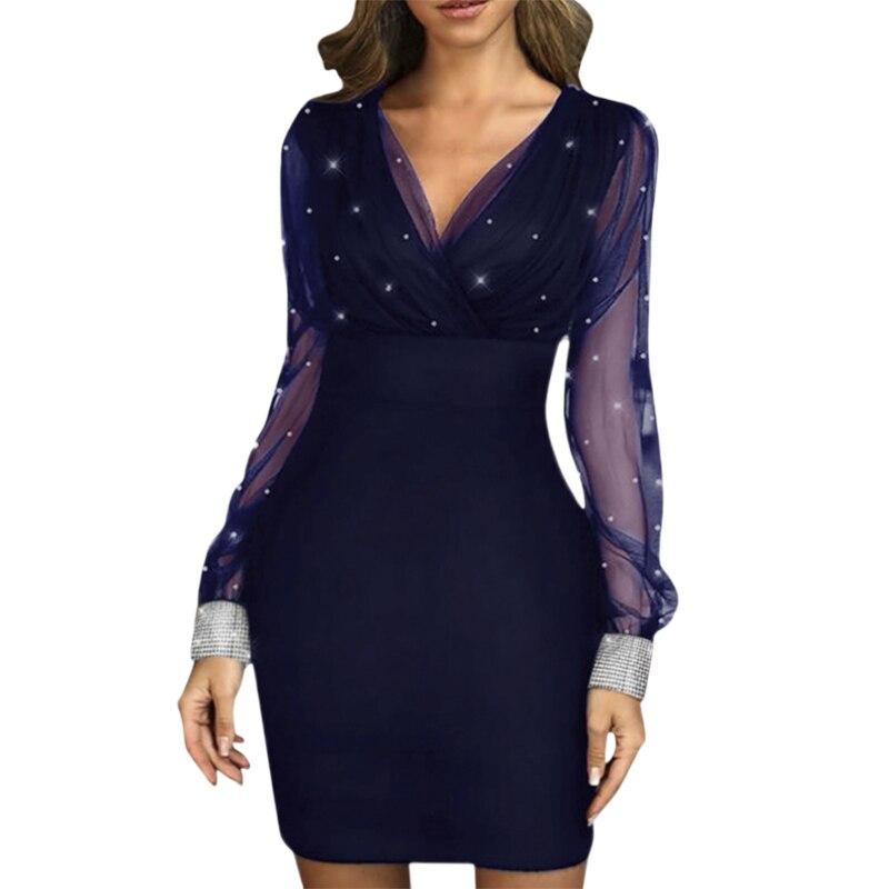 Mesh Stitching Shiny Dress Women Spring Sexy V-neck Slim Short Dress Party Long Sleeve Dresses Female Vestidos Elegant 18333