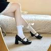 2025Women's Bow Design Round Toe Low Heel Shoes Cute Girly Style Autum Pu Leather Mid-Heel Lolita Shoes