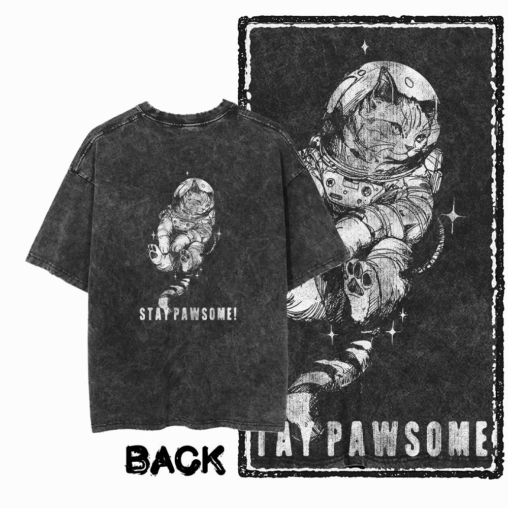 G Back Print Cool Vintage Cotton Mens Cat Printed Graphic Tshirt Acid Washed Streetwear Big Size Oneck mens Tee Tshirt