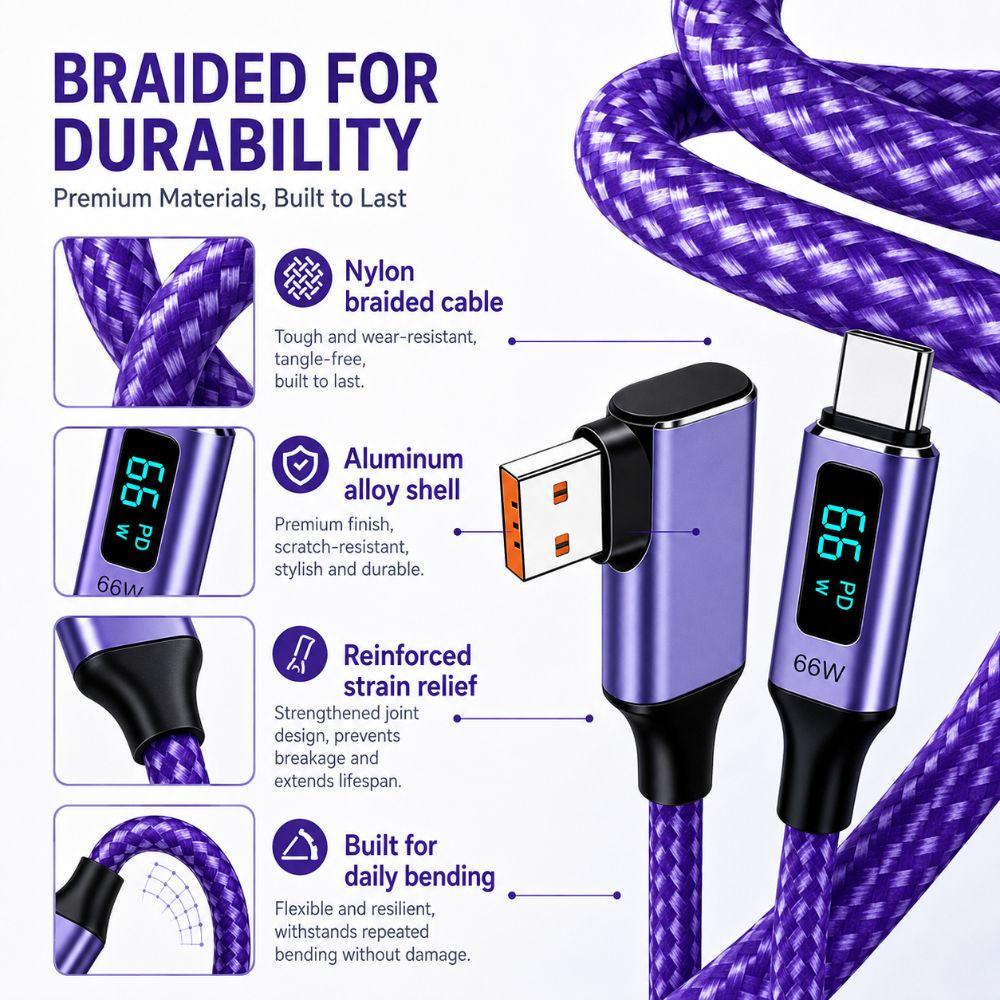 66W Fast Charging Right Angle Charging Cord Right Angle Digital Display Cable Laptop Charging