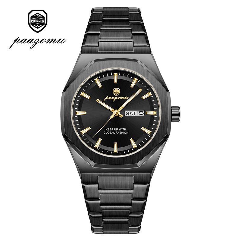 Mens Luxury Watches Octagonal Stainless Steel Analog Quartz Watch with Day Date, Waterproof Luminous Casual Watch