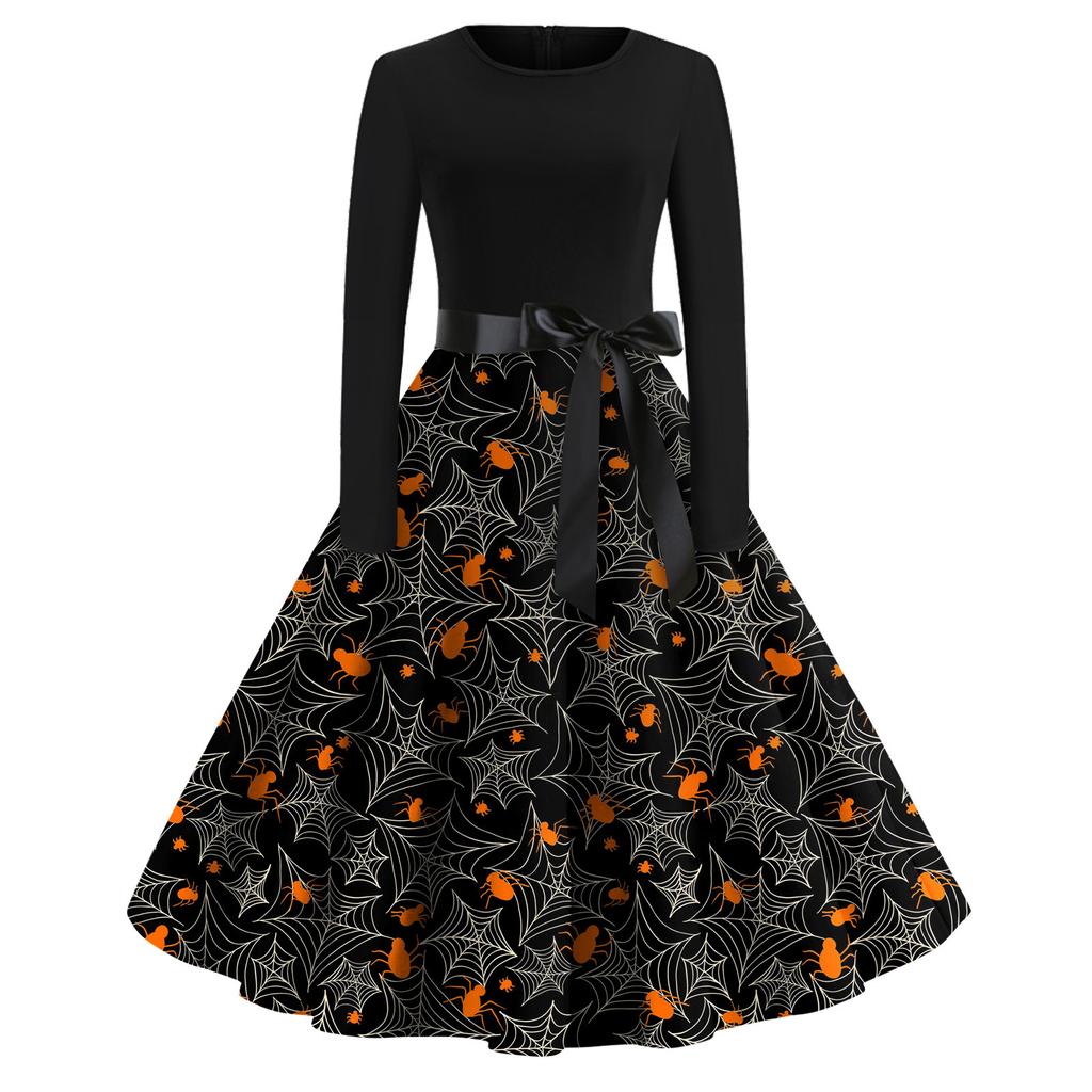 Women's Fashion Round Neck Casual Slim Fit Halloween Printed Long Sleeve Dress
