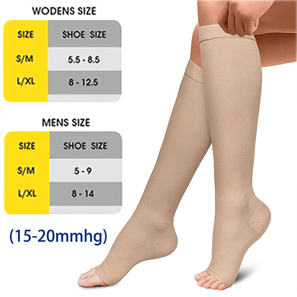2 пары компрессионных носков до колена шириной 15–20 мм рт. ст. — отлично подходят для поддержки лодыжки и облегчения подошвенного фасциита, чулки с открытым носком для женщин и мужчин