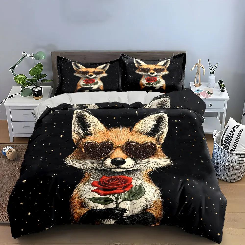 "Fox Rose Starry Night Decor" Soft Comfortable Duvet Cover Bedding Set Included 1*Duvet Cover & 2*Pillowcases, gift