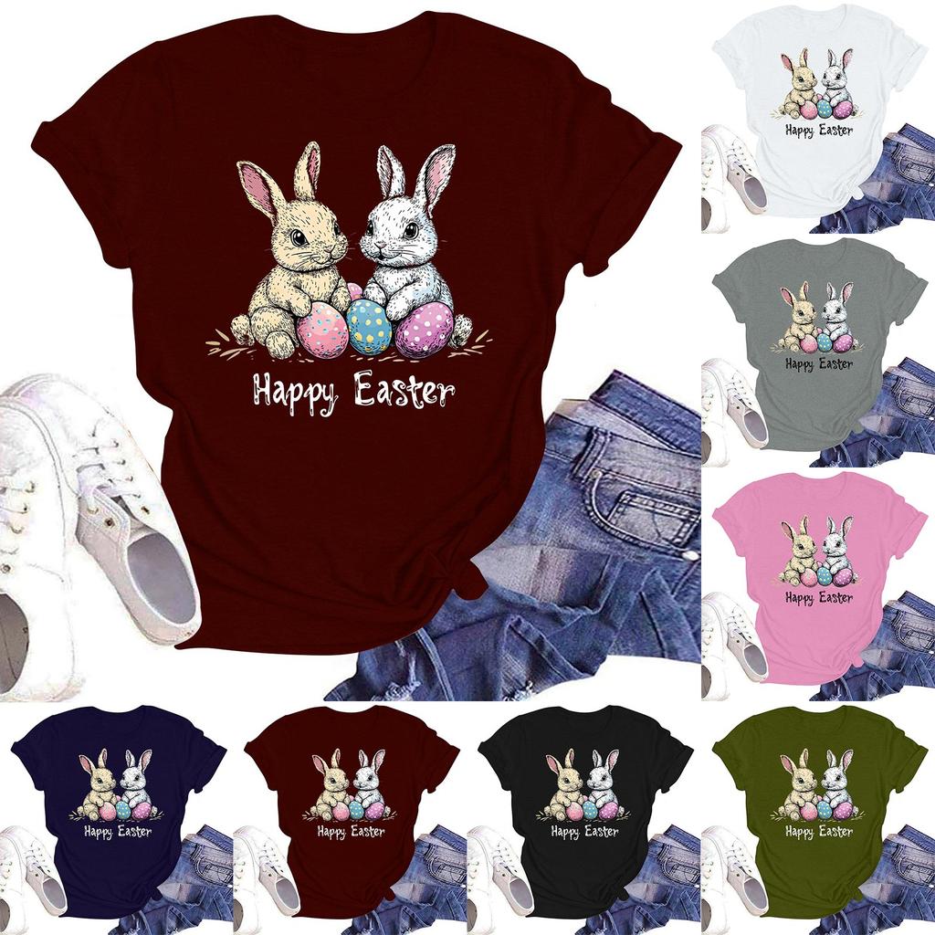 Happy Easter Women's Fashion Printed Round Neck Short Sleeve T-Shirt Pullover Top