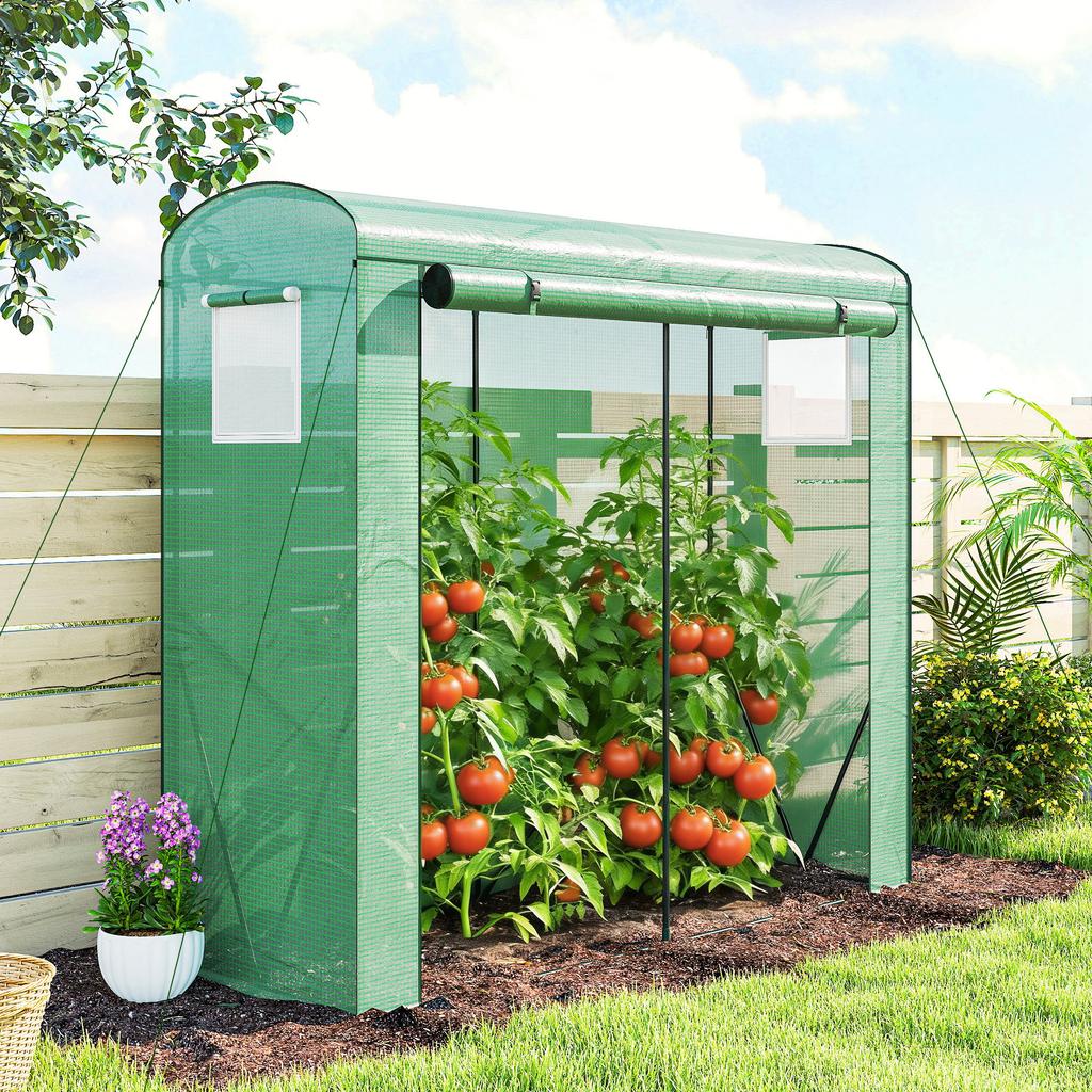 Mini Greenhouse, Garden Tomato Growhouse with Roll-Up Door and 2 Mesh Windows, PE Cover, 200 x 75 x 188 cm, Green