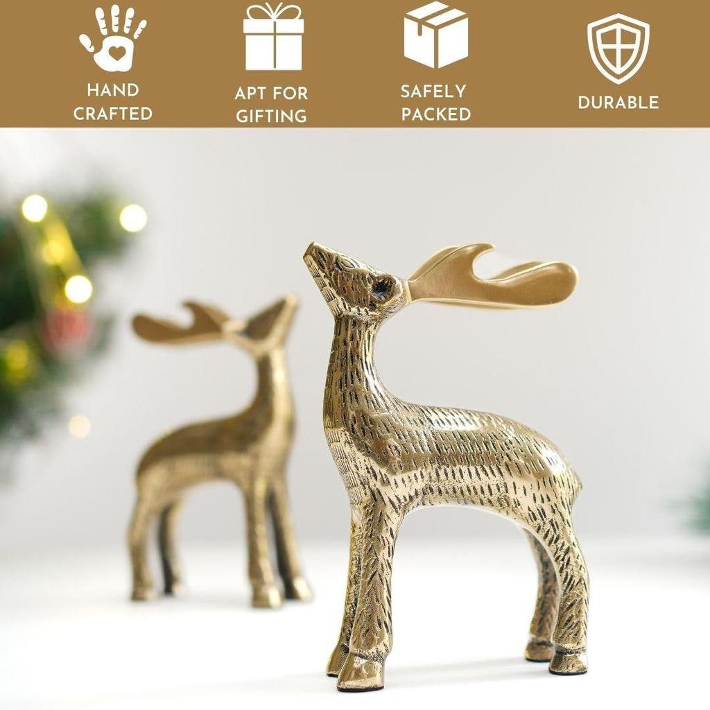 Latest Antique Golden Aluminium Christmas Reindeer Figurine Statue 2 Pcs | Reindeer Showpiece for Tabletop, Bookshelf, Desktop, Cabinets,